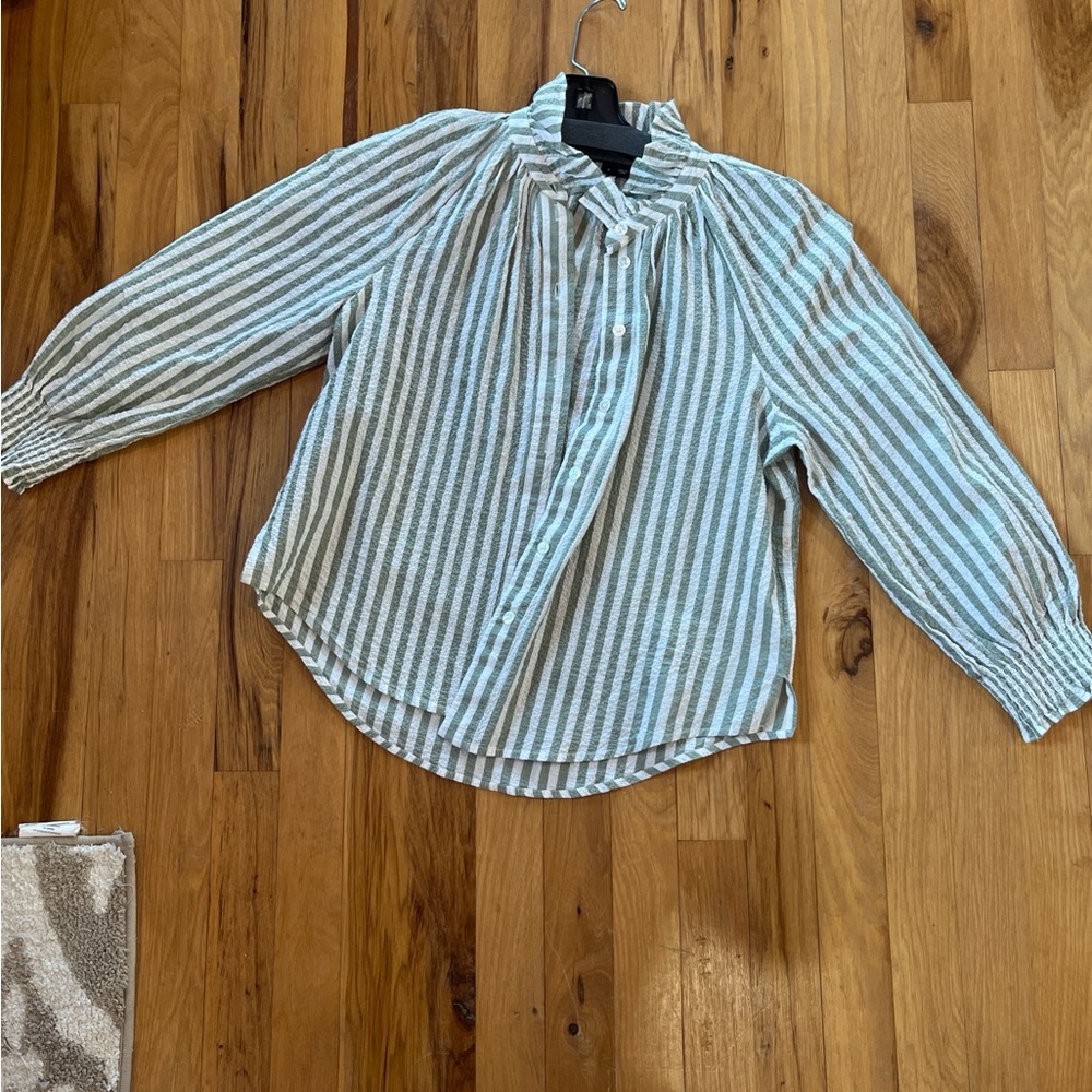 Veronica beard green striped shirt with ruffles